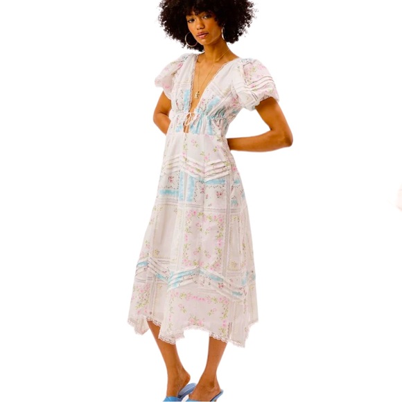 For Love & Lemons x Free People Shea XS White Blue Handkerchief Floral Lace Midi - Picture 11 of 11